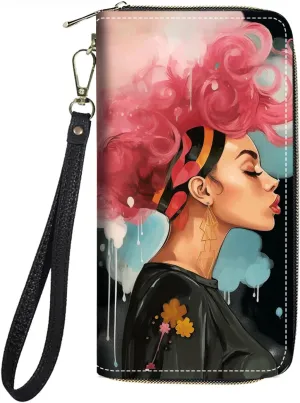 Women's Large Capacity Wallet PU Leather Zip Around Clutch Purse Multifunctional Wallet with Removable Wristlet Strap for Smart Phone/Coin/Card/Cash, African Woman with Red Hair Hairstyle