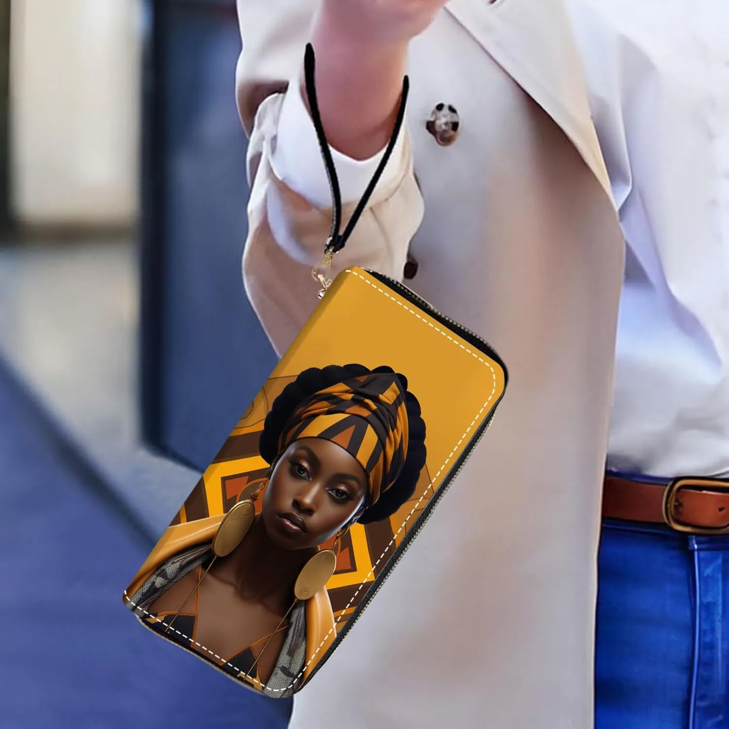 Women's Large Capacity Wallet PU Leather Zip Around Clutch Purse Multifunctional Wallet with Removable Wristlet Strap for Smart Phone/Coin/Card/Cash - African Women