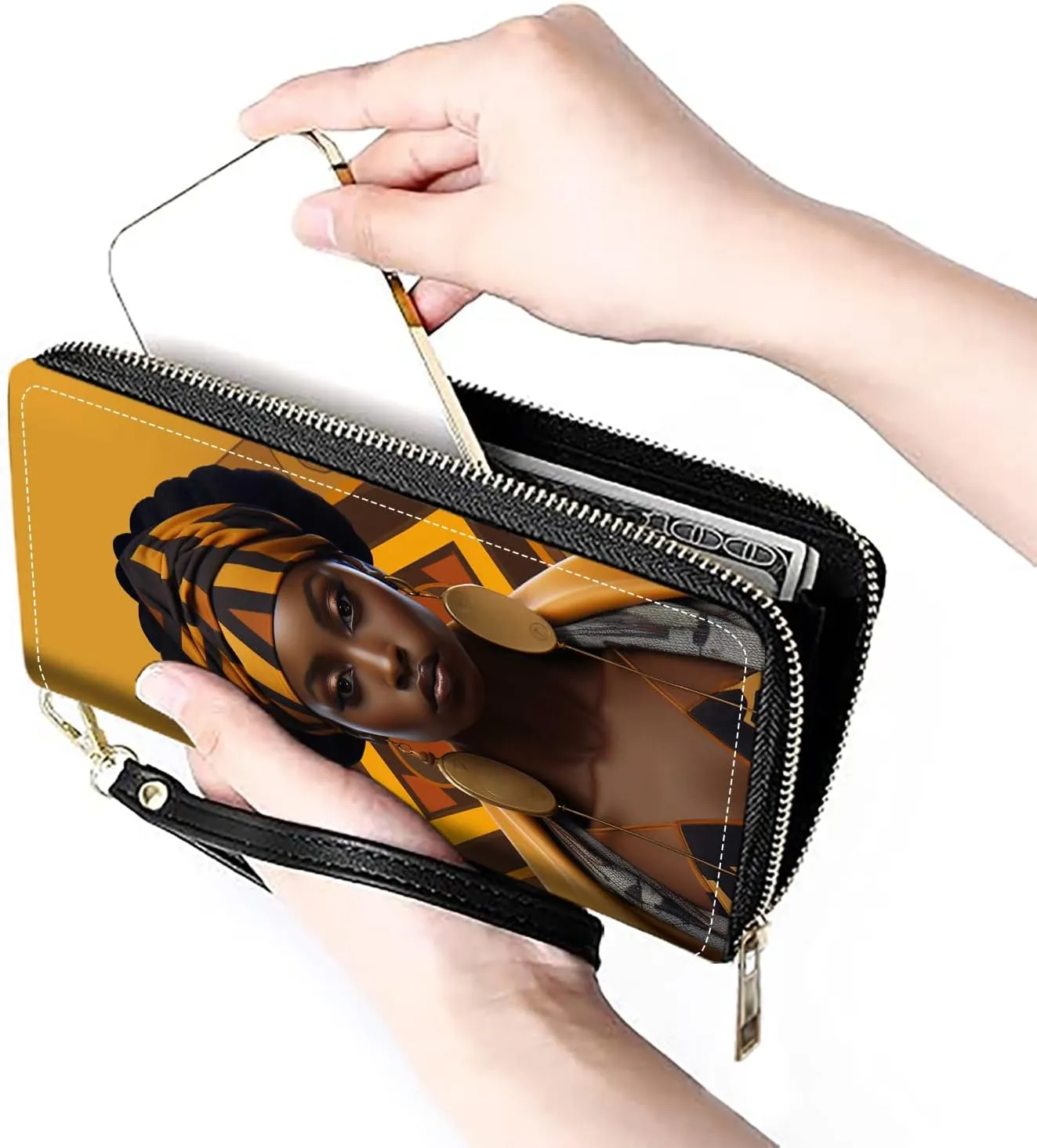 Women's Large Capacity Wallet PU Leather Zip Around Clutch Purse Multifunctional Wallet with Removable Wristlet Strap for Smart Phone/Coin/Card/Cash - African Women