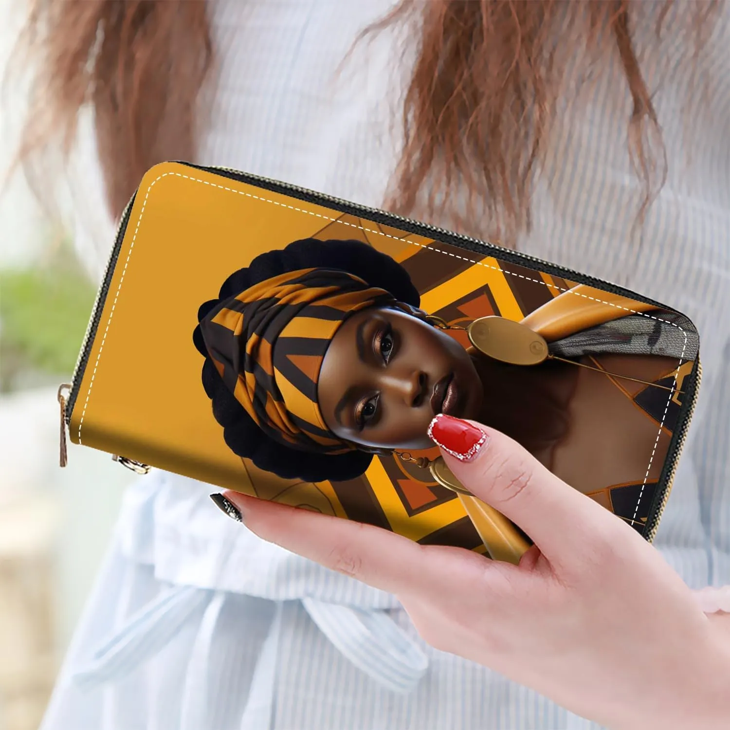 Women's Large Capacity Wallet PU Leather Zip Around Clutch Purse Multifunctional Wallet with Removable Wristlet Strap for Smart Phone/Coin/Card/Cash - African Women