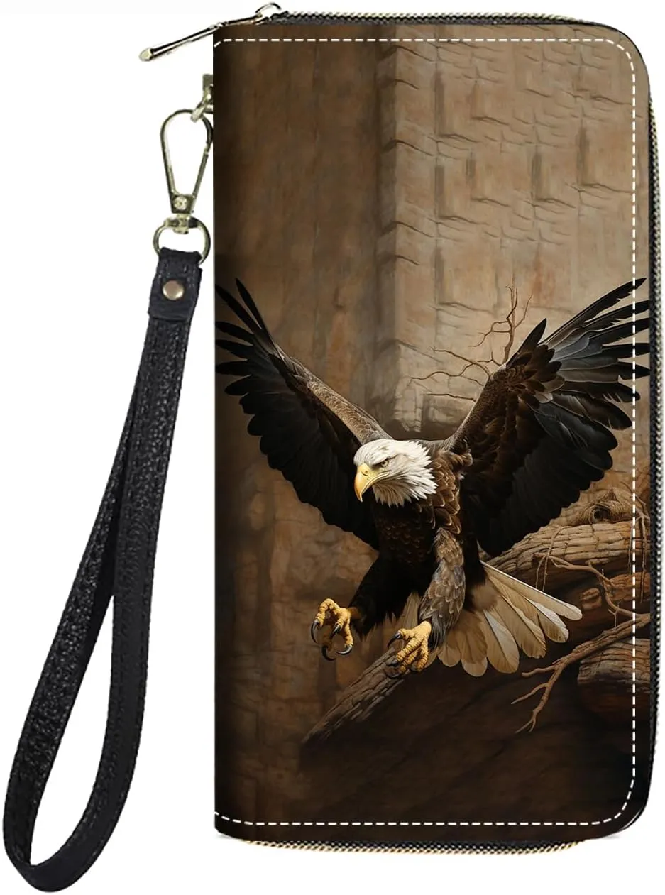 Women's Large Capacity Wallet PU Leather Zip Around Clutch Purse Multifunctional Wallet with Removable Wristlet Strap for Smart Phone/Coin/Card/Cash, American Bald Eagle