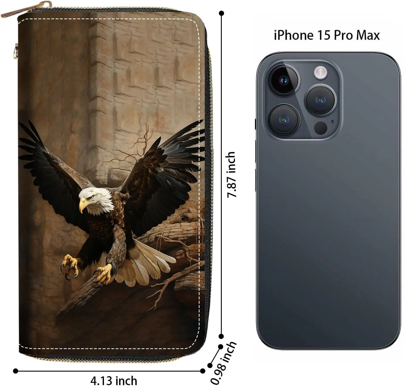 Women's Large Capacity Wallet PU Leather Zip Around Clutch Purse Multifunctional Wallet with Removable Wristlet Strap for Smart Phone/Coin/Card/Cash, American Bald Eagle