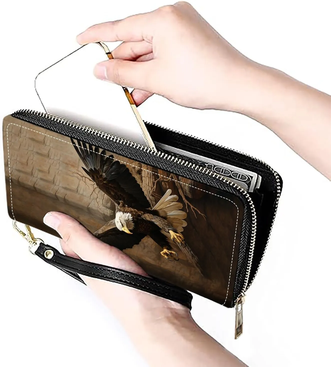 Women's Large Capacity Wallet PU Leather Zip Around Clutch Purse Multifunctional Wallet with Removable Wristlet Strap for Smart Phone/Coin/Card/Cash, American Bald Eagle