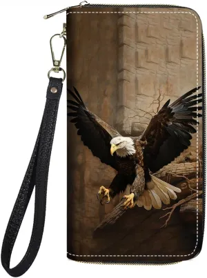 Women's Large Capacity Wallet PU Leather Zip Around Clutch Purse Multifunctional Wallet with Removable Wristlet Strap for Smart Phone/Coin/Card/Cash, American Bald Eagle