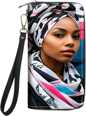 Women's Large Capacity Wallet PU Leather Zip Around Clutch Purse Multifunctional Wallet with Removable Wristlet Strap for Smart Phone/Coin/Card/Cash, American Black Girl