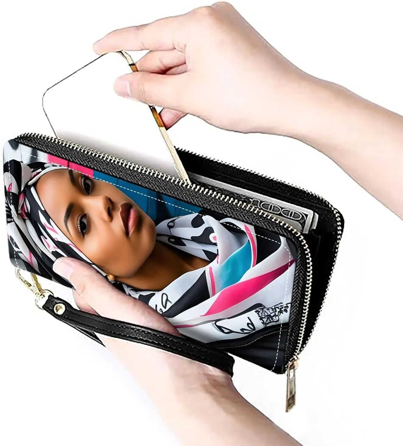 Women's Large Capacity Wallet PU Leather Zip Around Clutch Purse Multifunctional Wallet with Removable Wristlet Strap for Smart Phone/Coin/Card/Cash, American Black Girl