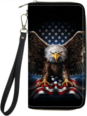 Women's Large Capacity Wallet PU Leather Zip Around Clutch Purse Multifunctional Wallet with Removable Wristlet Strap for Smart Phone/Coin/Card/Cash, American Flag Bald Eagle
