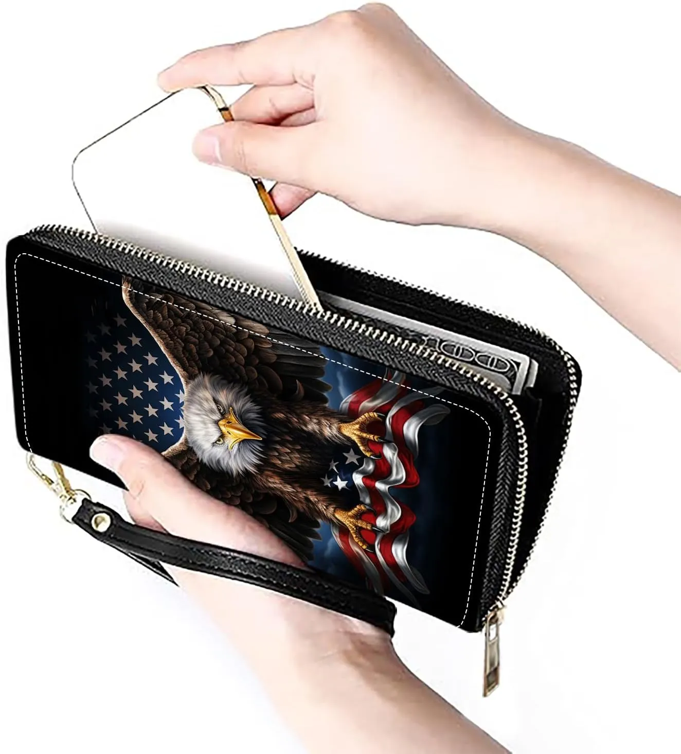 Women's Large Capacity Wallet PU Leather Zip Around Clutch Purse Multifunctional Wallet with Removable Wristlet Strap for Smart Phone/Coin/Card/Cash, American Flag Bald Eagle