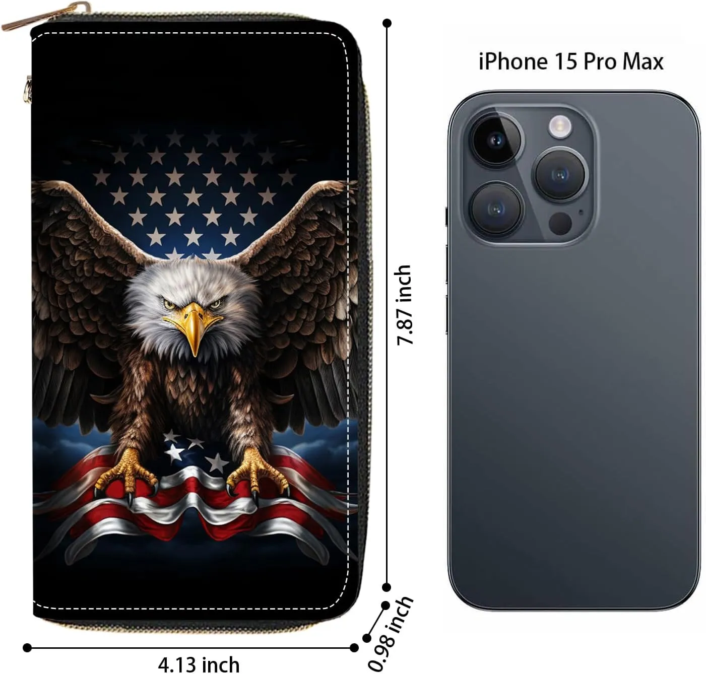 Women's Large Capacity Wallet PU Leather Zip Around Clutch Purse Multifunctional Wallet with Removable Wristlet Strap for Smart Phone/Coin/Card/Cash, American Flag Bald Eagle