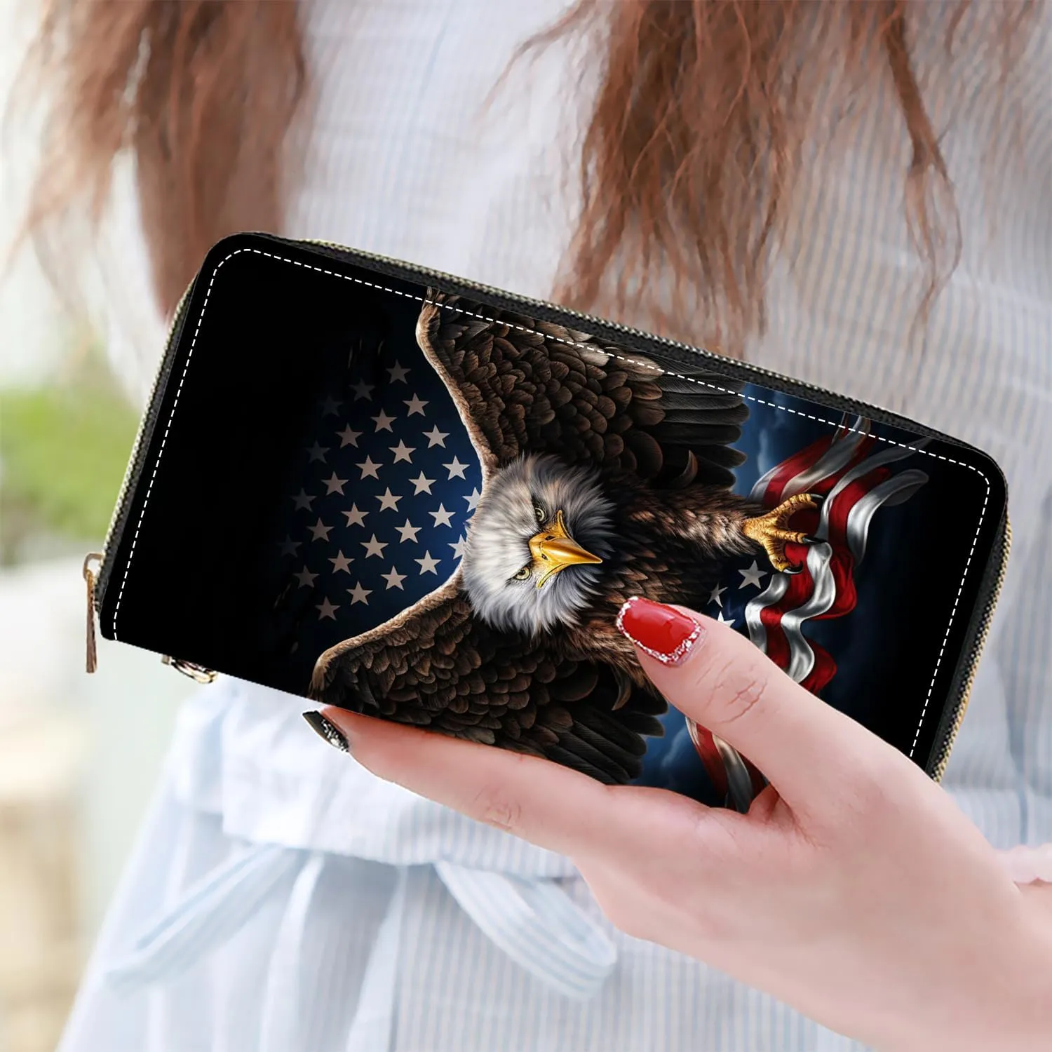 Women's Large Capacity Wallet PU Leather Zip Around Clutch Purse Multifunctional Wallet with Removable Wristlet Strap for Smart Phone/Coin/Card/Cash, American Flag Bald Eagle