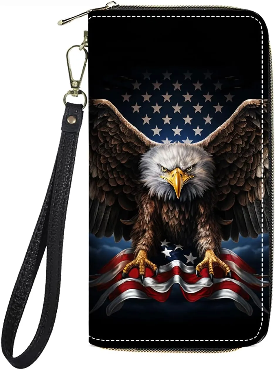 Women's Large Capacity Wallet PU Leather Zip Around Clutch Purse Multifunctional Wallet with Removable Wristlet Strap for Smart Phone/Coin/Card/Cash, American Flag Bald Eagle