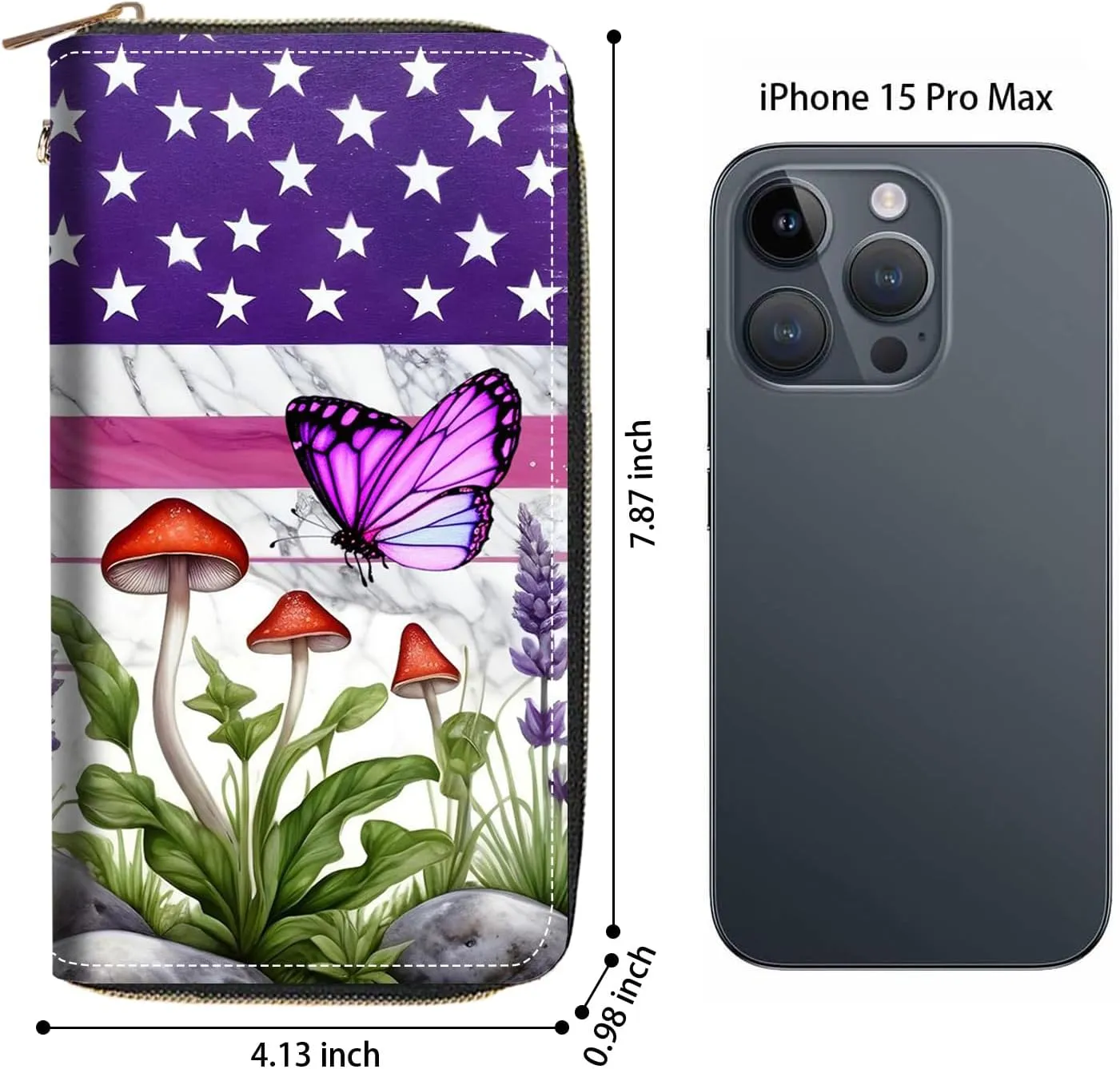 Women's Large Capacity Wallet PU Leather Zip Around Clutch Purse Multifunctional Wallet with Removable Wristlet Strap for Smart Phone/Coin/Card/Cash, American Flag Butterfly Mushroom