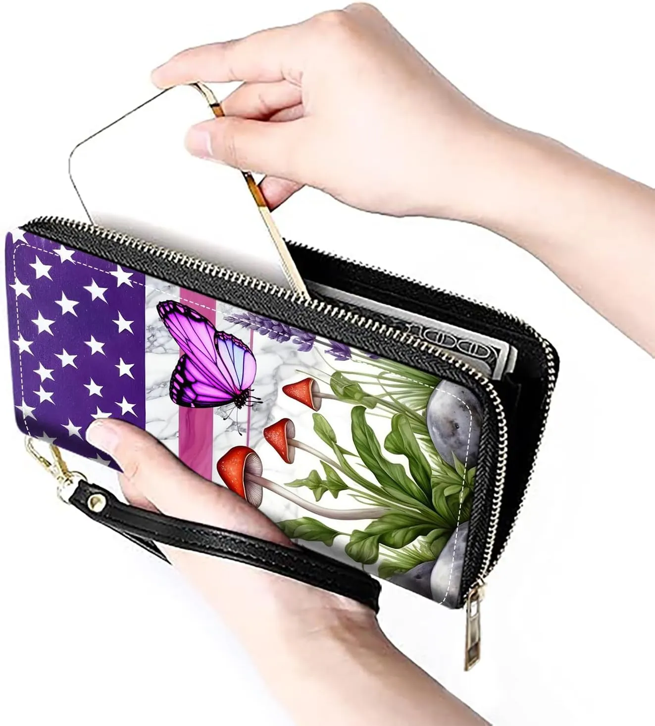 Women's Large Capacity Wallet PU Leather Zip Around Clutch Purse Multifunctional Wallet with Removable Wristlet Strap for Smart Phone/Coin/Card/Cash, American Flag Butterfly Mushroom