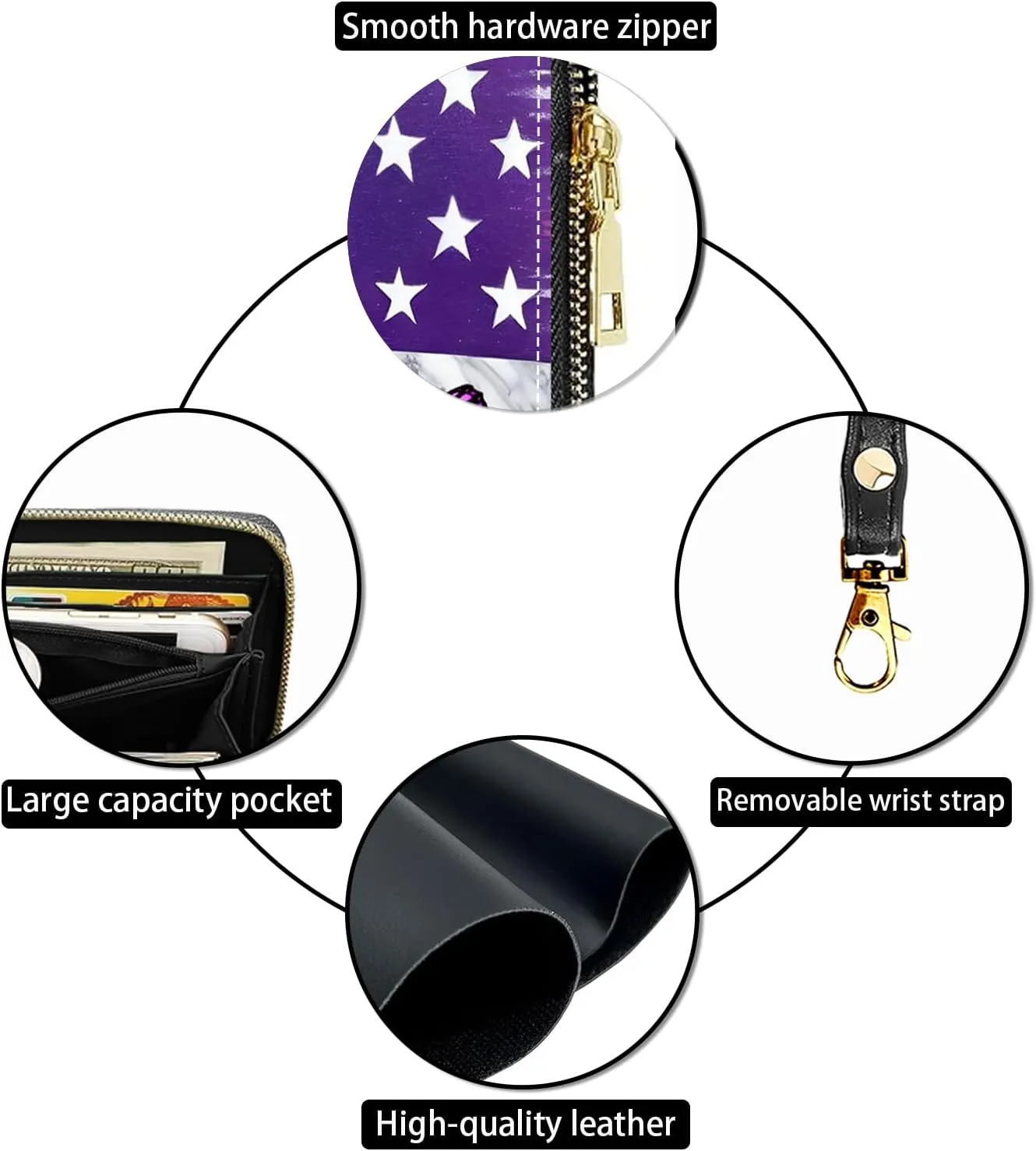 Women's Large Capacity Wallet PU Leather Zip Around Clutch Purse Multifunctional Wallet with Removable Wristlet Strap for Smart Phone/Coin/Card/Cash, American Flag Butterfly Mushroom