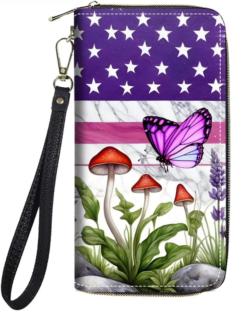Women's Large Capacity Wallet PU Leather Zip Around Clutch Purse Multifunctional Wallet with Removable Wristlet Strap for Smart Phone/Coin/Card/Cash, American Flag Butterfly Mushroom