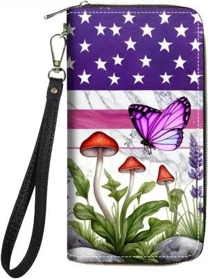 Women's Large Capacity Wallet PU Leather Zip Around Clutch Purse Multifunctional Wallet with Removable Wristlet Strap for Smart Phone/Coin/Card/Cash, American Flag Butterfly Mushroom