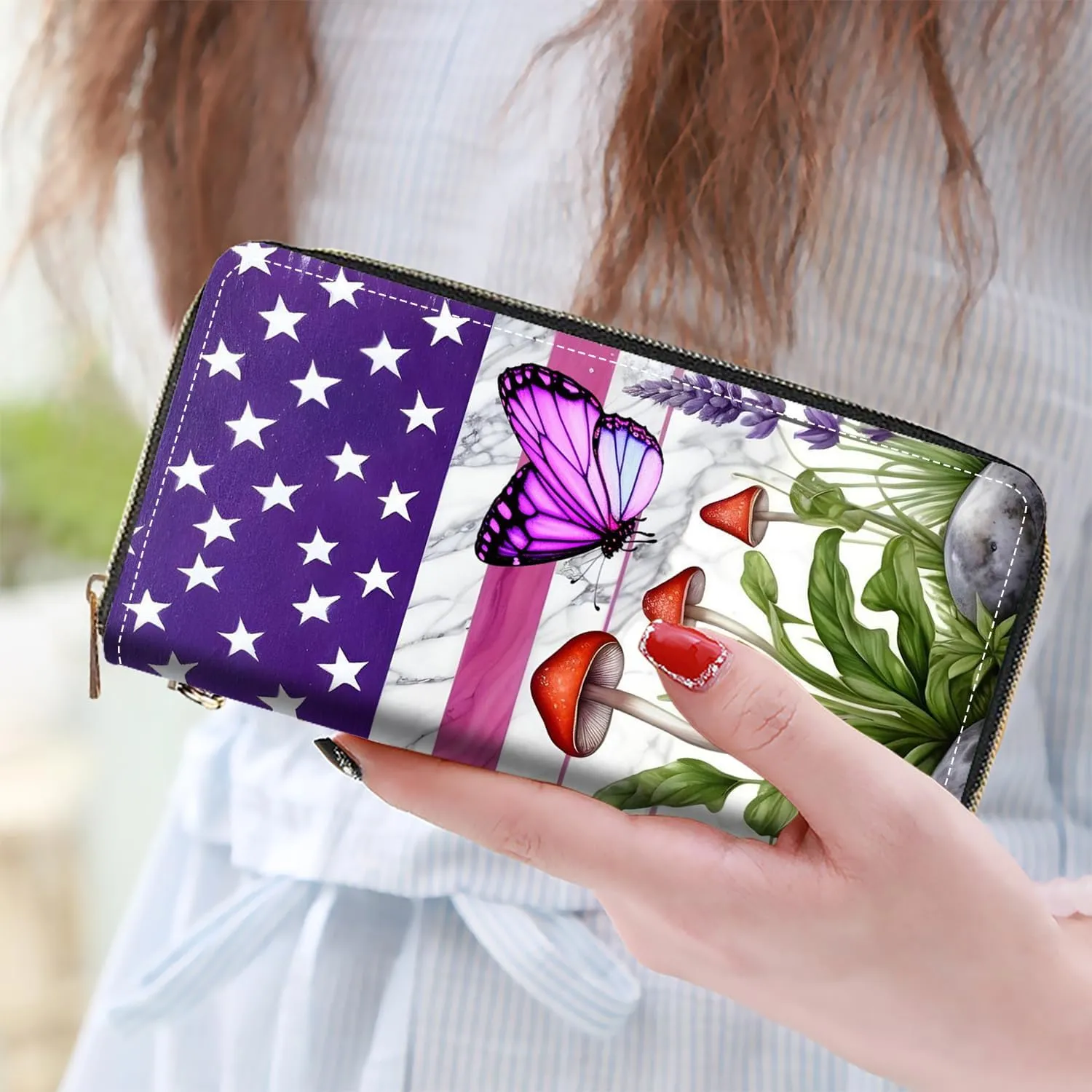 Women's Large Capacity Wallet PU Leather Zip Around Clutch Purse Multifunctional Wallet with Removable Wristlet Strap for Smart Phone/Coin/Card/Cash, American Flag Butterfly Mushroom