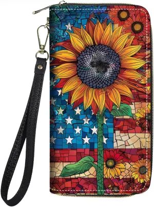 Women's Large Capacity Wallet PU Leather Zip Around Clutch Purse Multifunctional Wallet with Removable Wristlet Strap for Smart Phone/Coin/Card/Cash, American Flag Sunflower