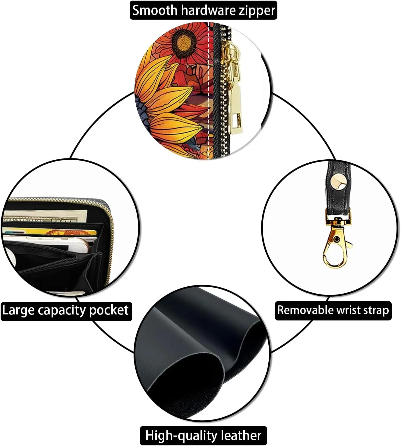 Women's Large Capacity Wallet PU Leather Zip Around Clutch Purse Multifunctional Wallet with Removable Wristlet Strap for Smart Phone/Coin/Card/Cash, American Flag Sunflower