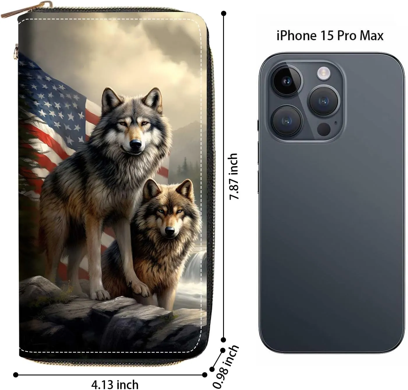 Women's Large Capacity Wallet PU Leather Zip Around Clutch Purse Multifunctional Wallet with Removable Wristlet Strap for Smart Phone/Coin/Card/Cash - American Flag Wolf