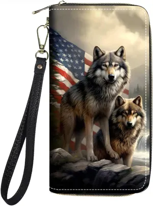 Women's Large Capacity Wallet PU Leather Zip Around Clutch Purse Multifunctional Wallet with Removable Wristlet Strap for Smart Phone/Coin/Card/Cash - American Flag Wolf