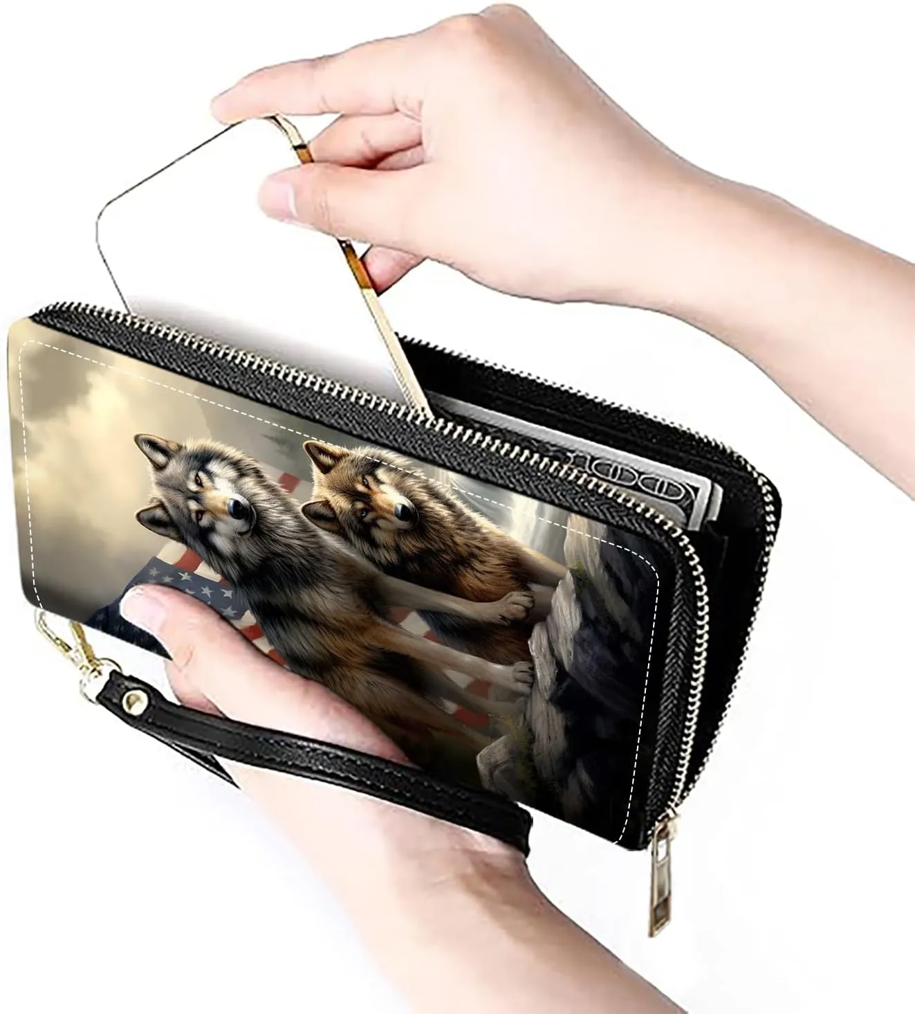 Women's Large Capacity Wallet PU Leather Zip Around Clutch Purse Multifunctional Wallet with Removable Wristlet Strap for Smart Phone/Coin/Card/Cash - American Flag Wolf