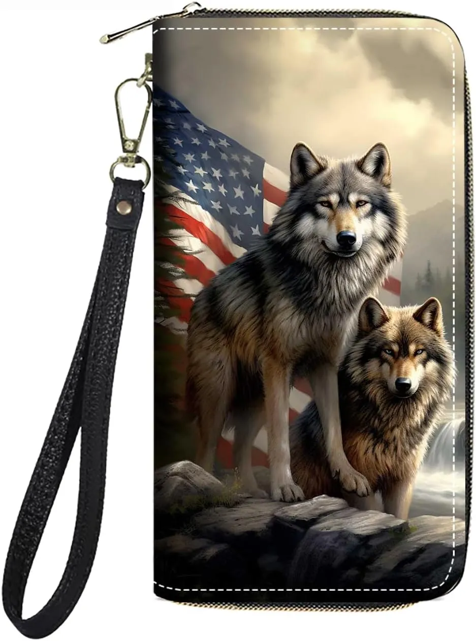 Women's Large Capacity Wallet PU Leather Zip Around Clutch Purse Multifunctional Wallet with Removable Wristlet Strap for Smart Phone/Coin/Card/Cash - American Flag Wolf