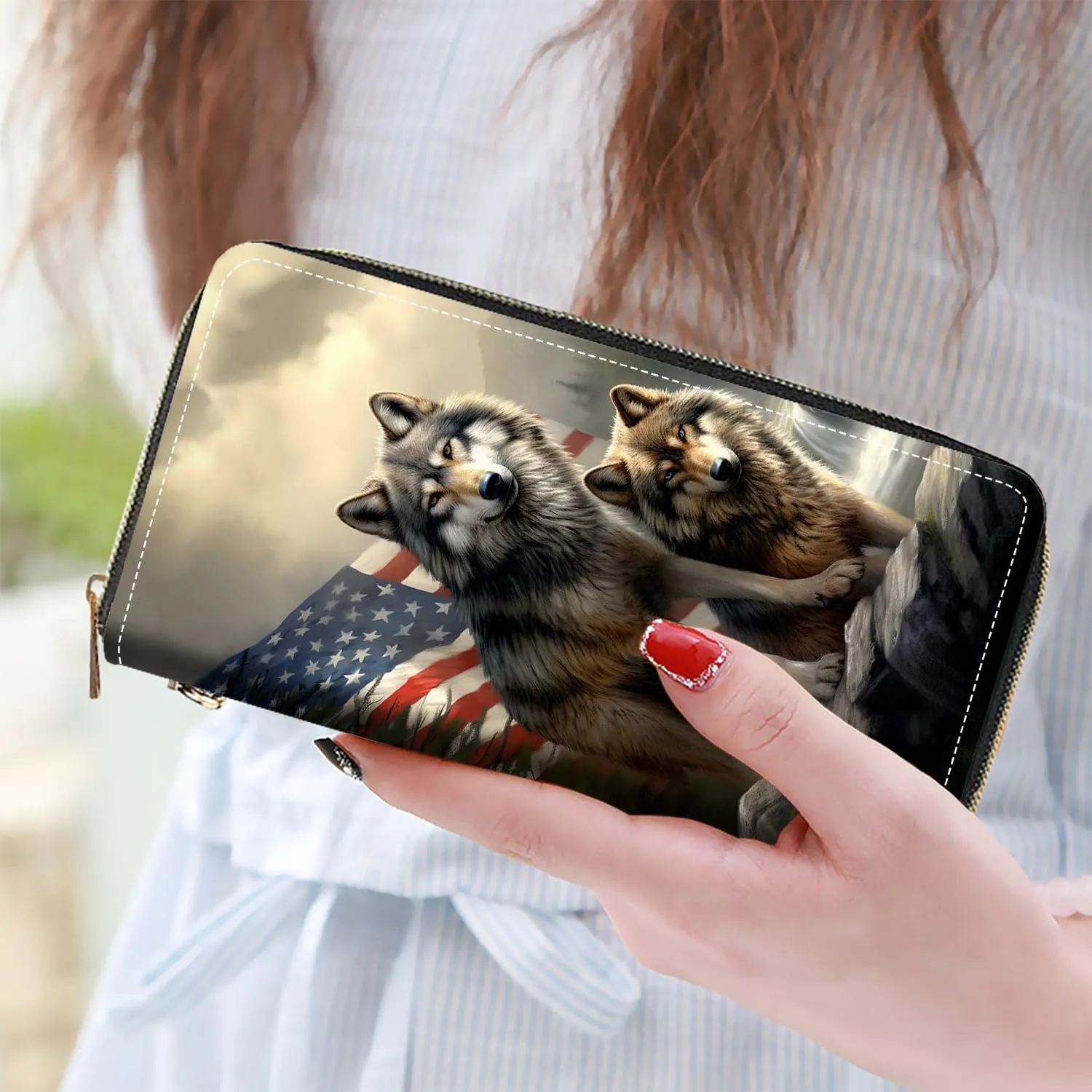 Women's Large Capacity Wallet PU Leather Zip Around Clutch Purse Multifunctional Wallet with Removable Wristlet Strap for Smart Phone/Coin/Card/Cash - American Flag Wolf