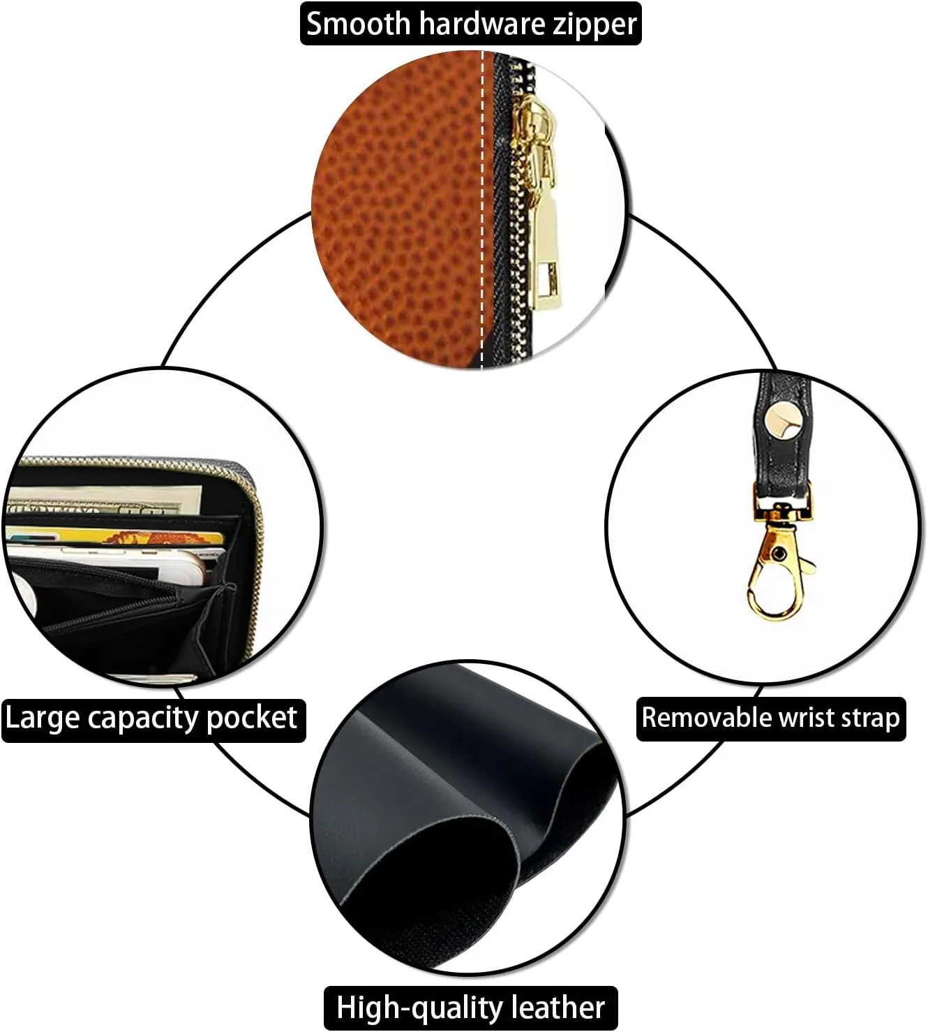Women's Large Capacity Wallet PU Leather Zip Around Clutch Purse Multifunctional Wallet with Removable Wristlet Strap for Smart Phone/Coin/Card/Cash, Basketball Surface