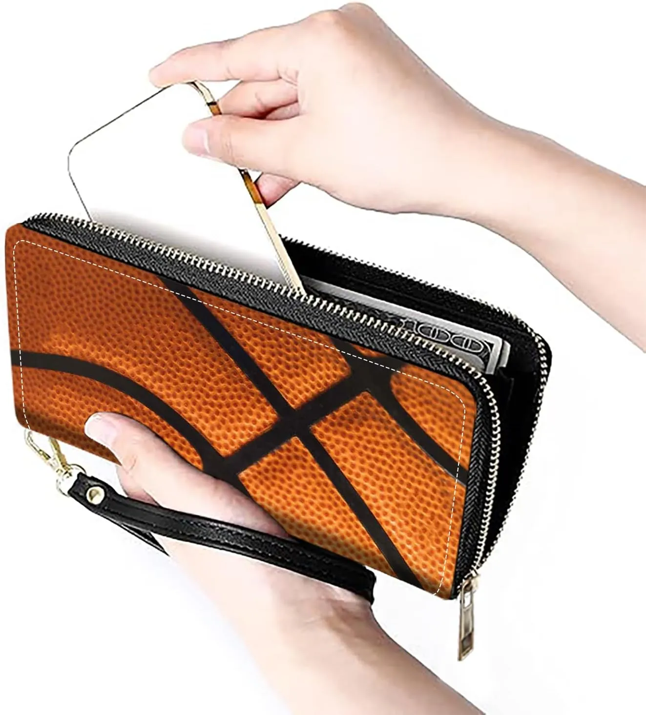 Women's Large Capacity Wallet PU Leather Zip Around Clutch Purse Multifunctional Wallet with Removable Wristlet Strap for Smart Phone/Coin/Card/Cash, Basketball Surface