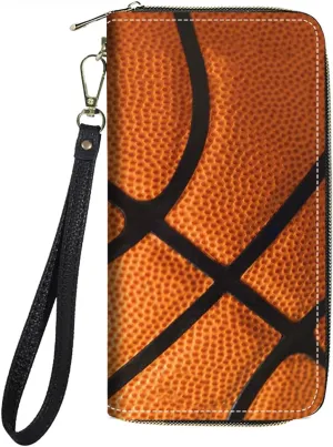 Women's Large Capacity Wallet PU Leather Zip Around Clutch Purse Multifunctional Wallet with Removable Wristlet Strap for Smart Phone/Coin/Card/Cash, Basketball Surface