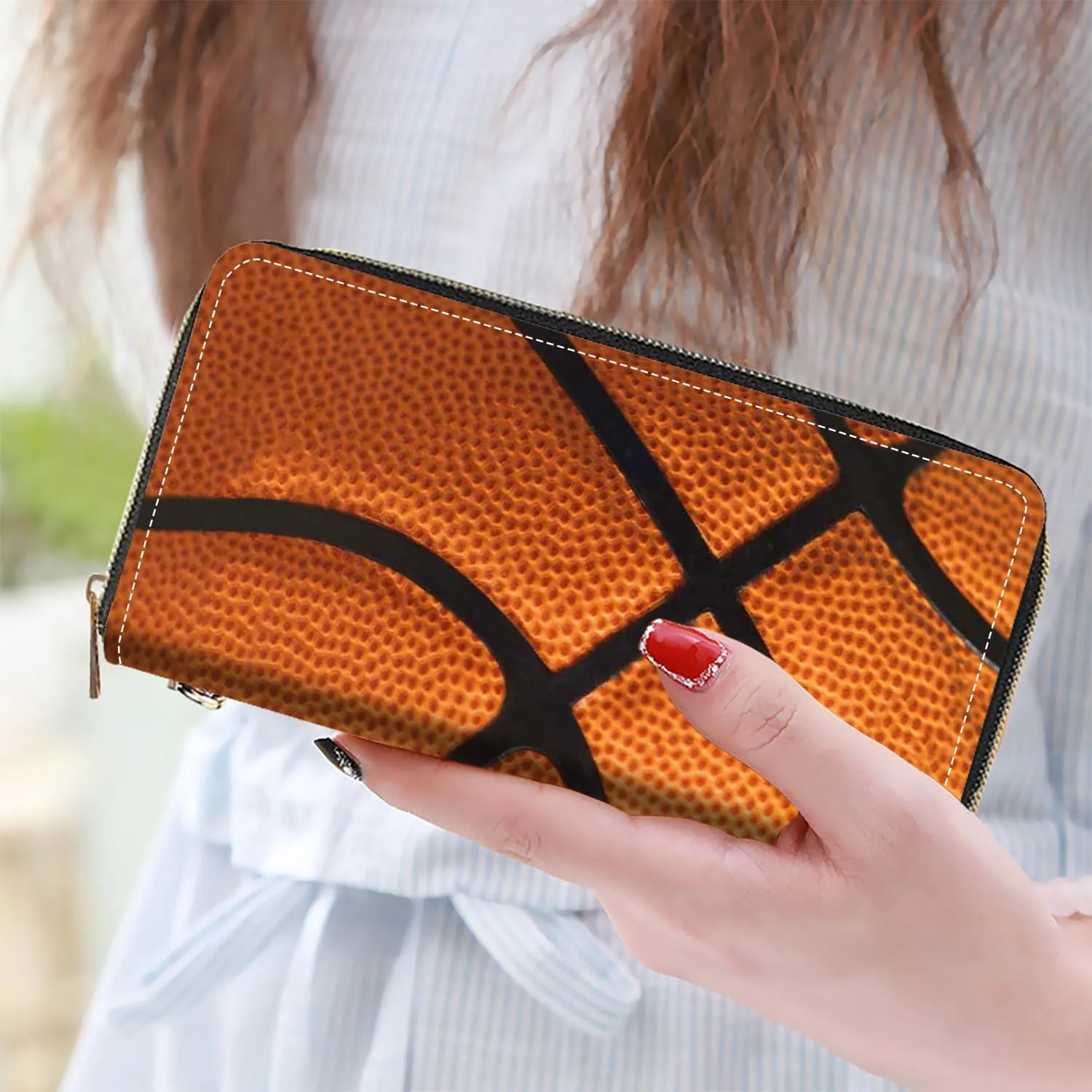 Women's Large Capacity Wallet PU Leather Zip Around Clutch Purse Multifunctional Wallet with Removable Wristlet Strap for Smart Phone/Coin/Card/Cash, Basketball Surface