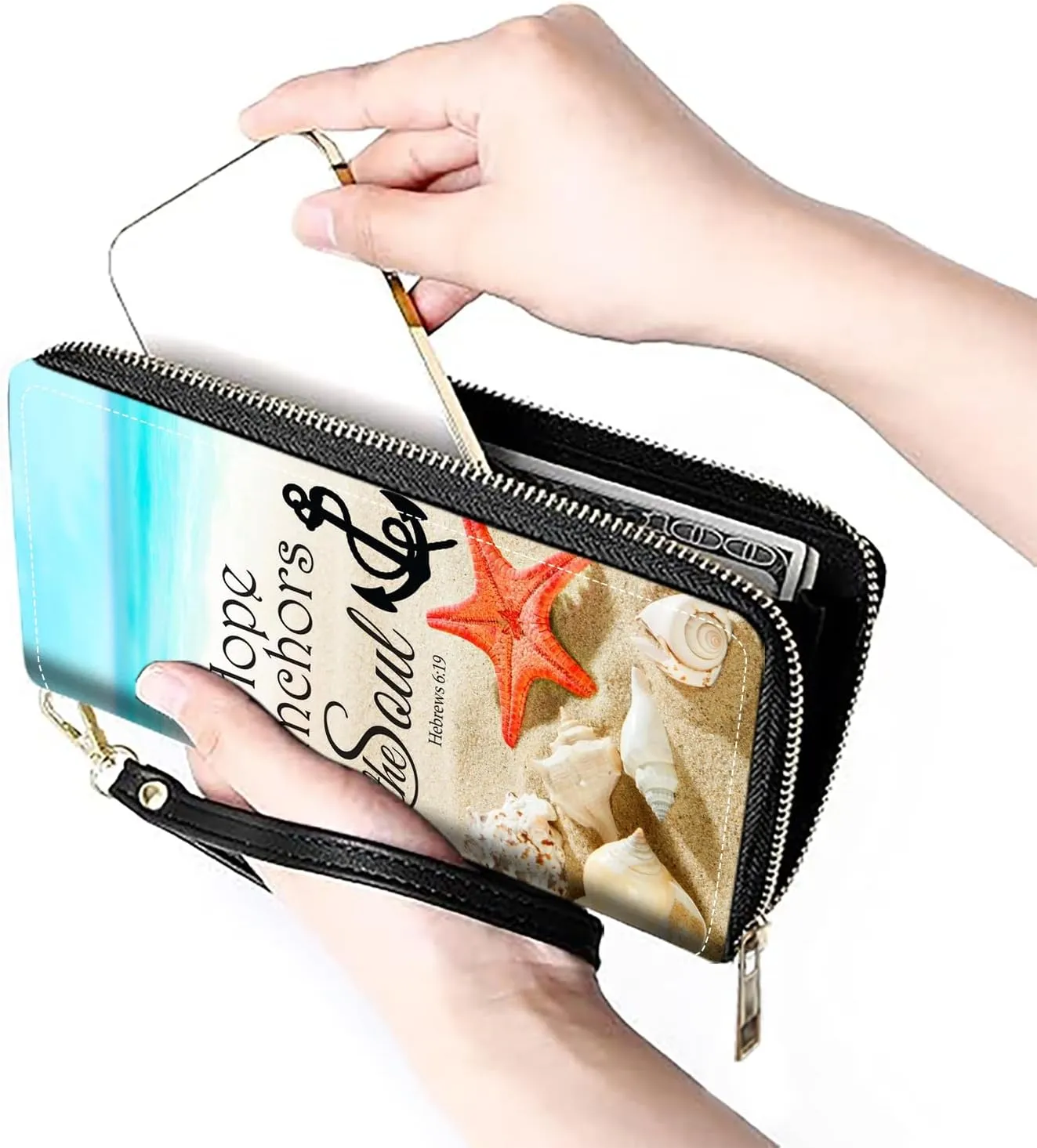 Women's Large Capacity Wallet PU Leather Zip Around Clutch Purse Multifunctional Wallet with Removable Wristlet Strap for Smart Phone/Coin/Card/Cash, Beach Quote Bible Verse Hebrews 6:19