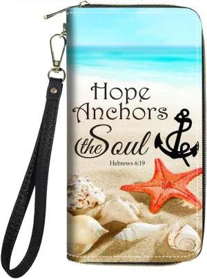 Women's Large Capacity Wallet PU Leather Zip Around Clutch Purse Multifunctional Wallet with Removable Wristlet Strap for Smart Phone/Coin/Card/Cash, Beach Quote Bible Verse Hebrews 6:19