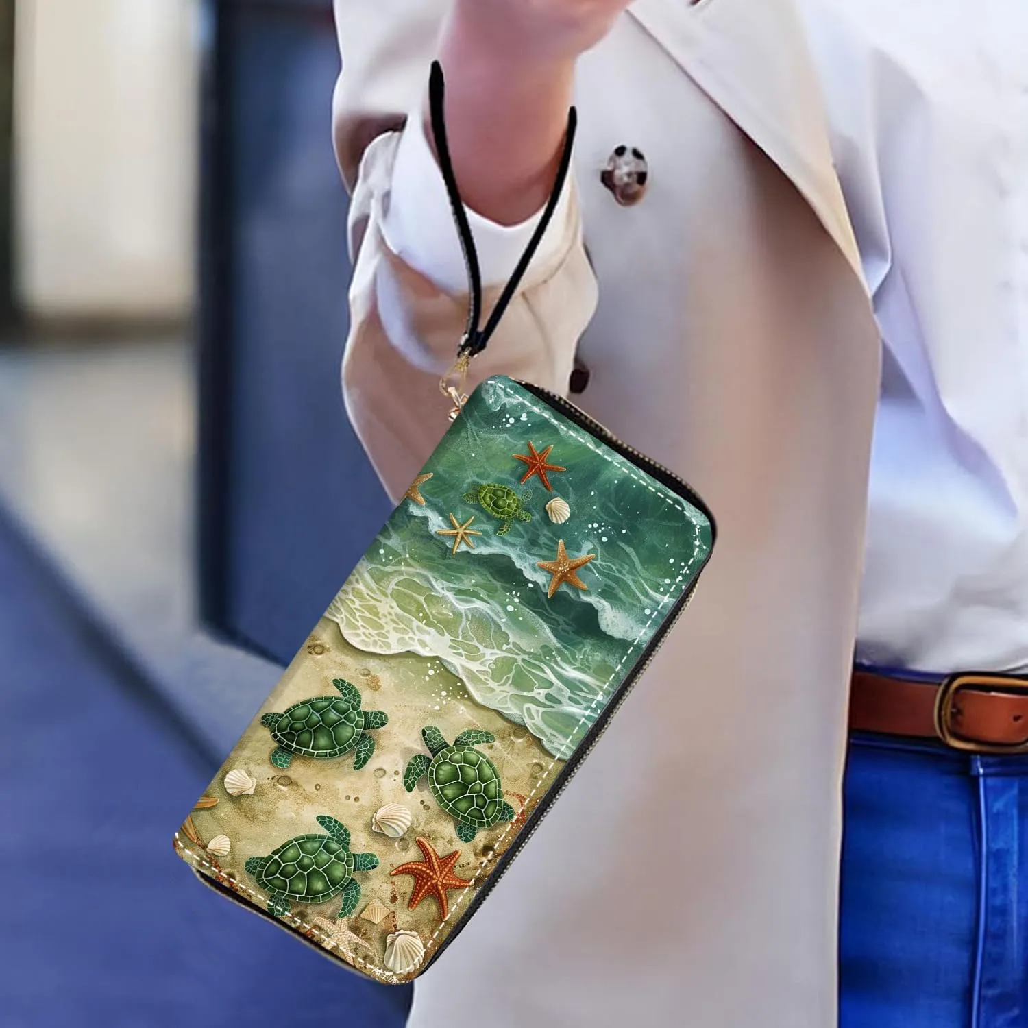 Women's Large Capacity Wallet PU Leather Zip Around Clutch Purse Multifunctional Wallet with Removable Wristlet Strap for Smart Phone/Coin/Card/Cash, Beach Turtle