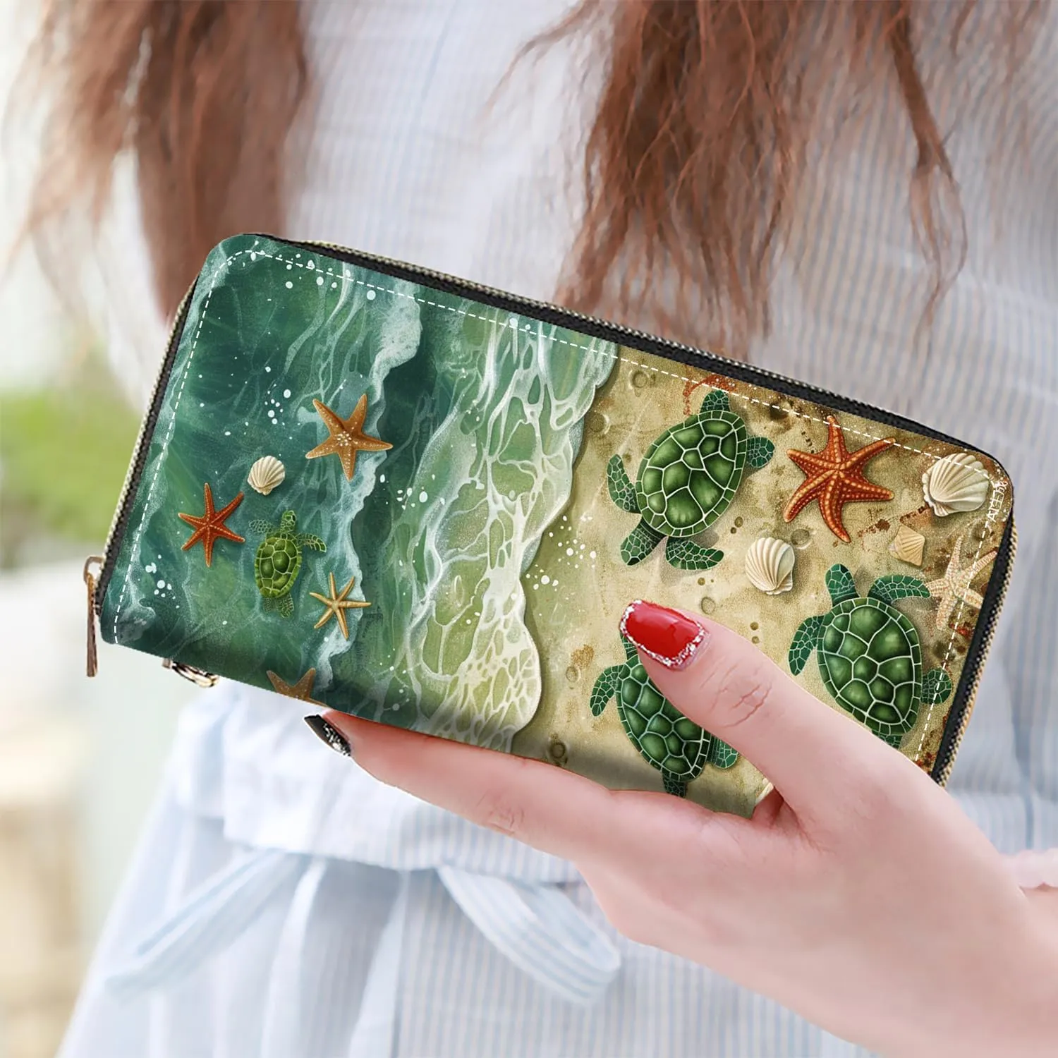 Women's Large Capacity Wallet PU Leather Zip Around Clutch Purse Multifunctional Wallet with Removable Wristlet Strap for Smart Phone/Coin/Card/Cash, Beach Turtle
