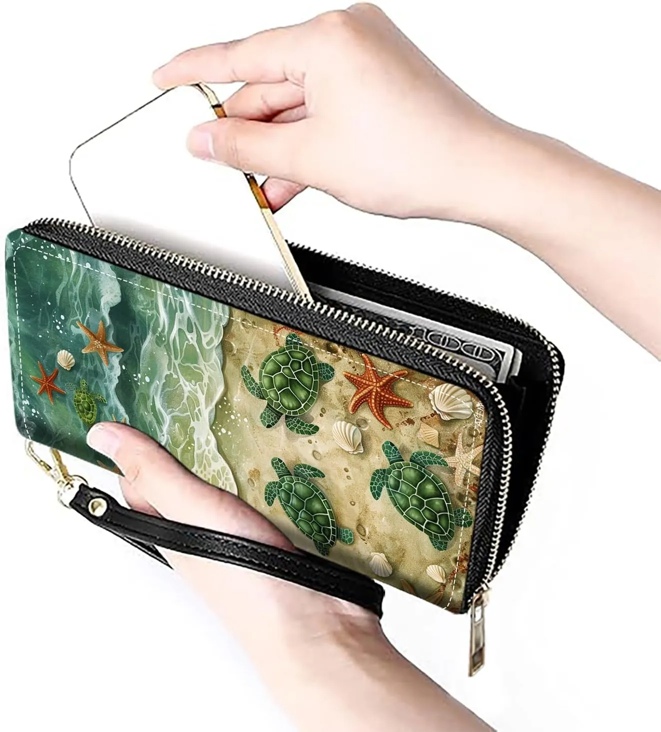 Women's Large Capacity Wallet PU Leather Zip Around Clutch Purse Multifunctional Wallet with Removable Wristlet Strap for Smart Phone/Coin/Card/Cash, Beach Turtle