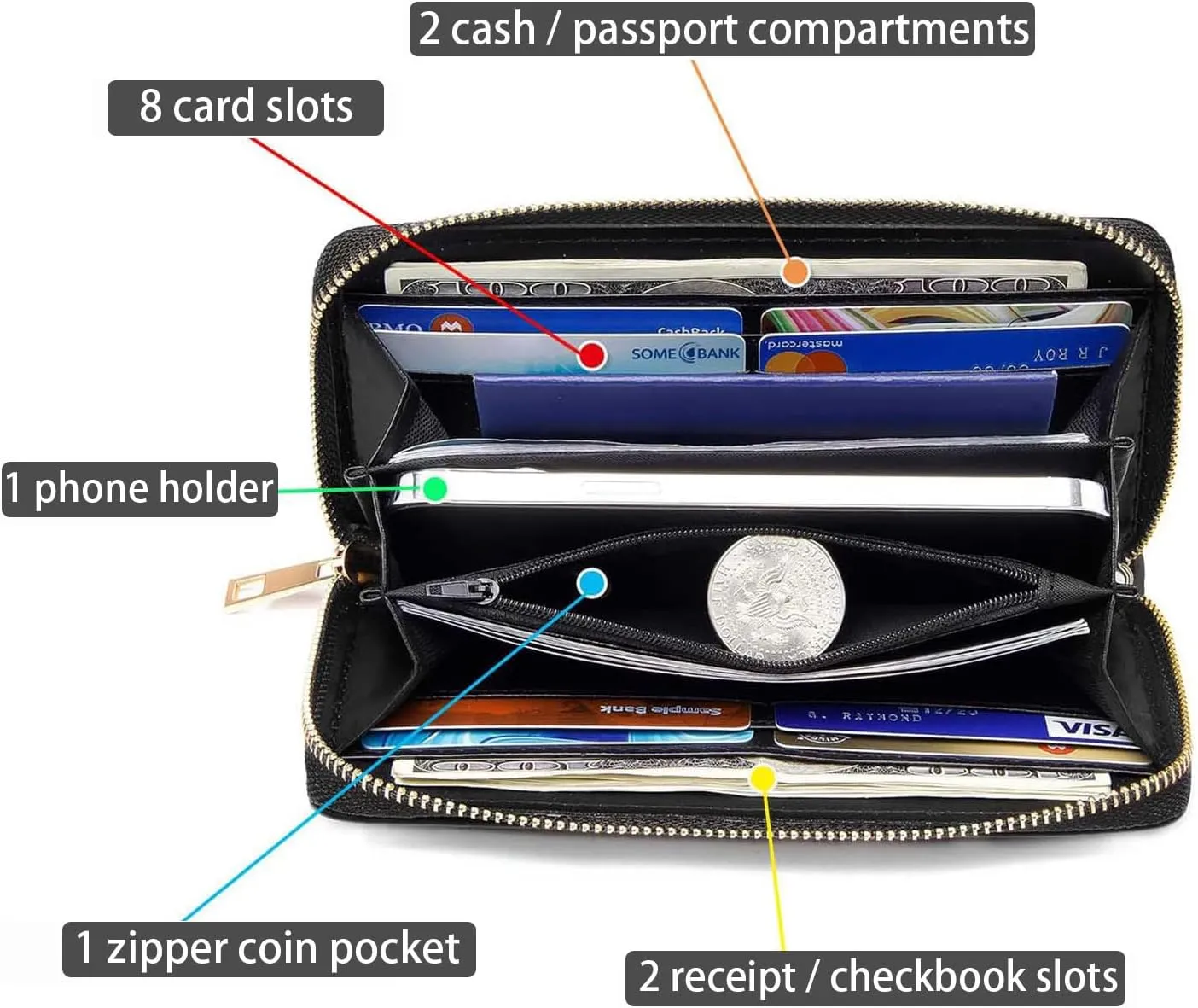 Women's Large Capacity Wallet PU Leather Zip Around Clutch Purse Multifunctional Wallet with Removable Wristlet Strap for Smart Phone/Coin/Card/Cash, Beach Turtle