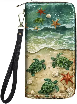 Women's Large Capacity Wallet PU Leather Zip Around Clutch Purse Multifunctional Wallet with Removable Wristlet Strap for Smart Phone/Coin/Card/Cash, Beach Turtle