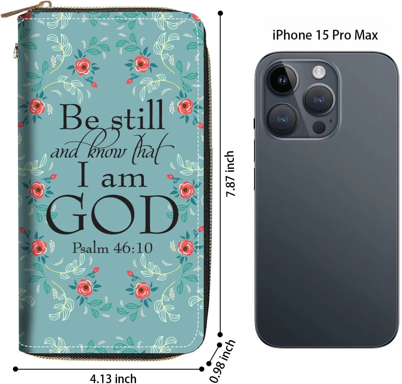 Women's Large Capacity Wallet PU Leather Zip Around Clutch Purse Multifunctional Wallet with Removable Wristlet Strap for Smart Phone/Coin/Card/Cash, Bible Verse Psalm 46:10