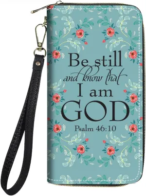 Women's Large Capacity Wallet PU Leather Zip Around Clutch Purse Multifunctional Wallet with Removable Wristlet Strap for Smart Phone/Coin/Card/Cash, Bible Verse Psalm 46:10