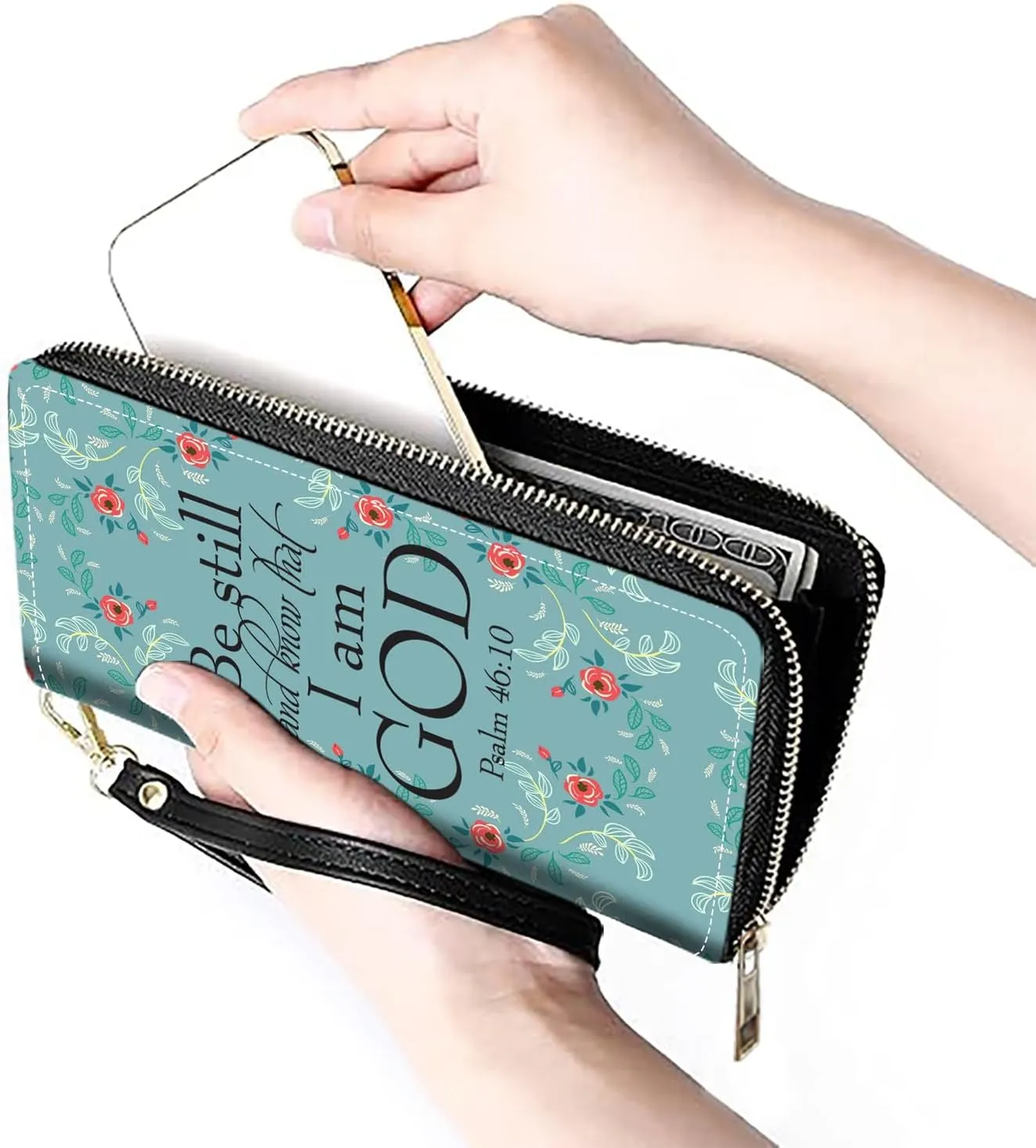 Women's Large Capacity Wallet PU Leather Zip Around Clutch Purse Multifunctional Wallet with Removable Wristlet Strap for Smart Phone/Coin/Card/Cash, Bible Verse Psalm 46:10