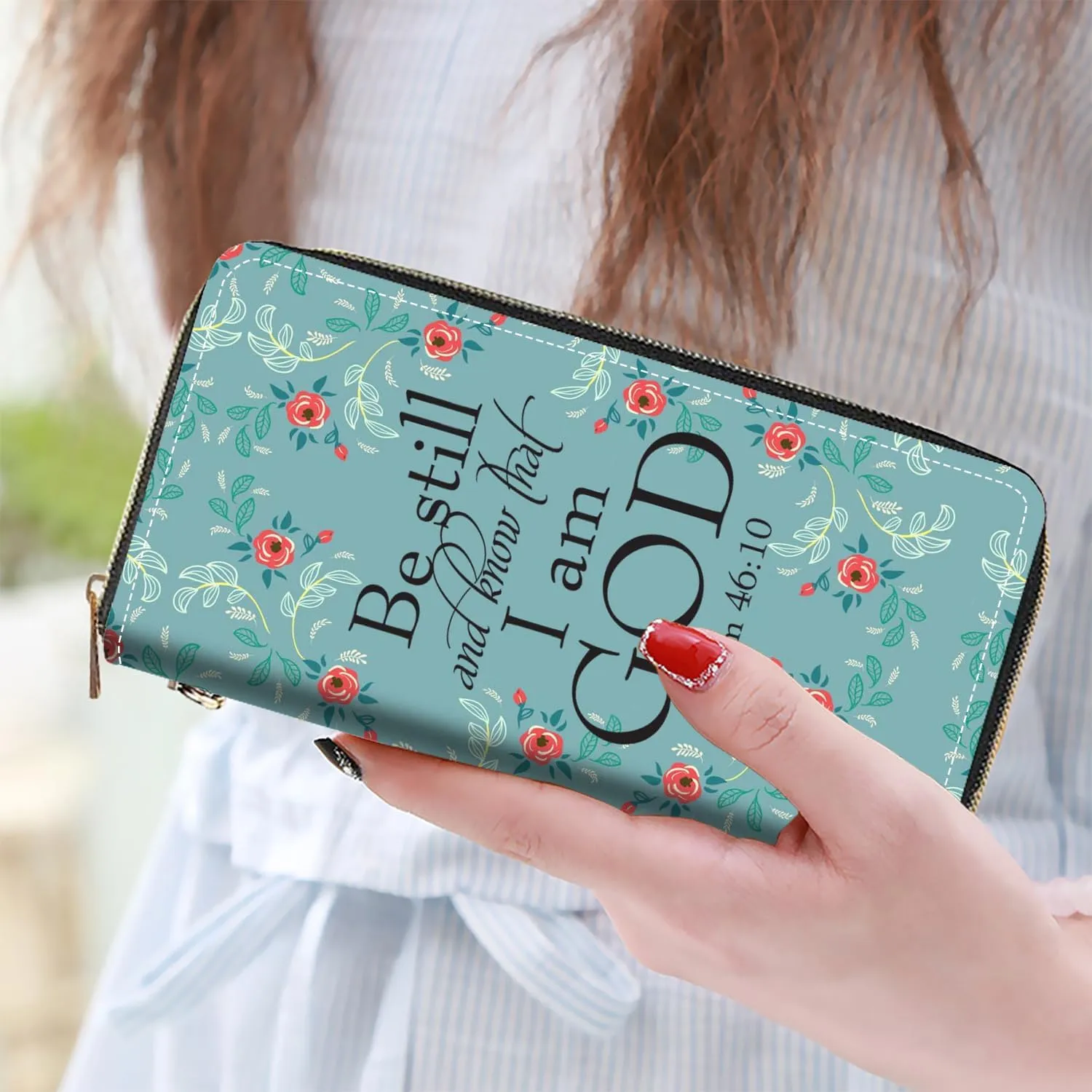 Women's Large Capacity Wallet PU Leather Zip Around Clutch Purse Multifunctional Wallet with Removable Wristlet Strap for Smart Phone/Coin/Card/Cash, Bible Verse Psalm 46:10
