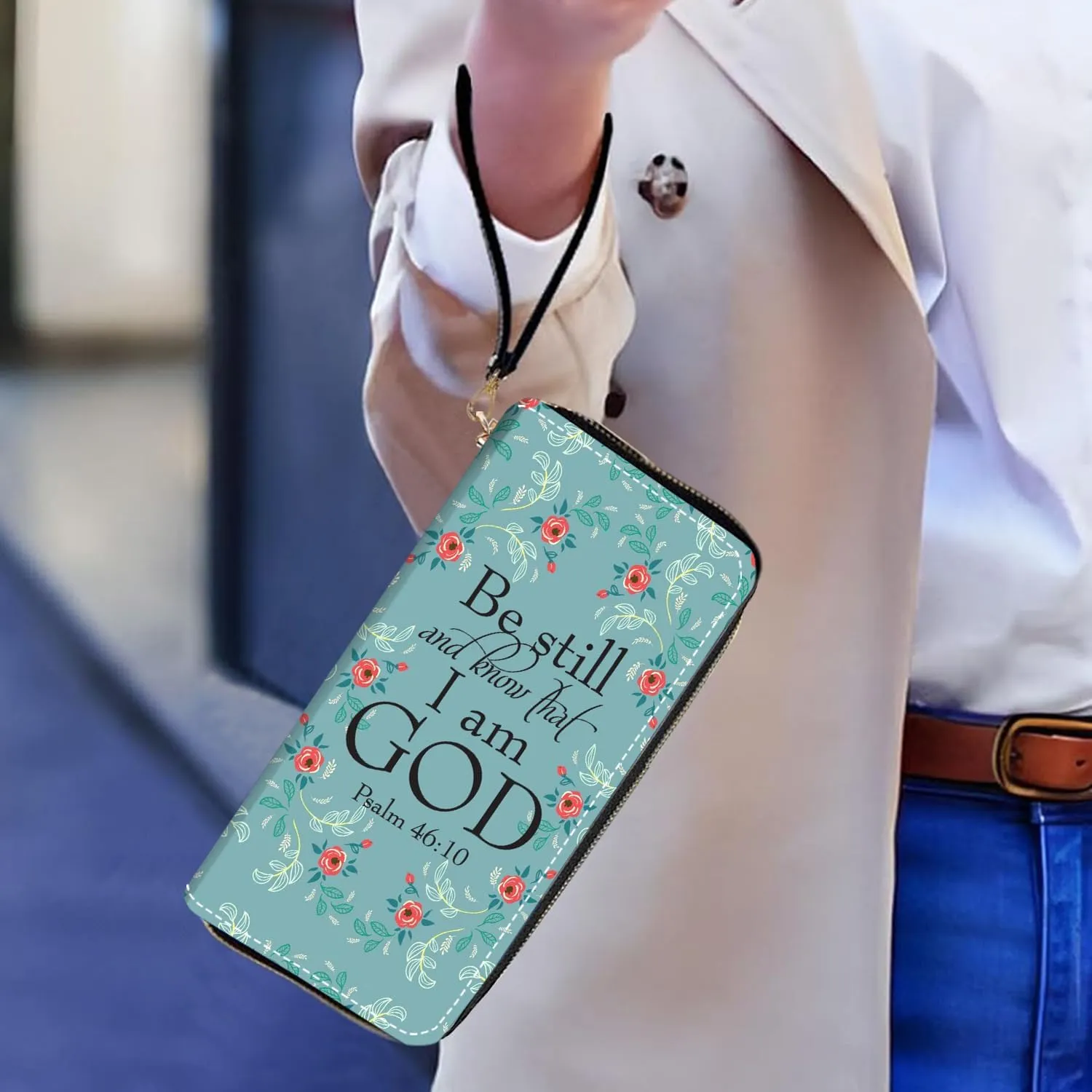 Women's Large Capacity Wallet PU Leather Zip Around Clutch Purse Multifunctional Wallet with Removable Wristlet Strap for Smart Phone/Coin/Card/Cash, Bible Verse Psalm 46:10