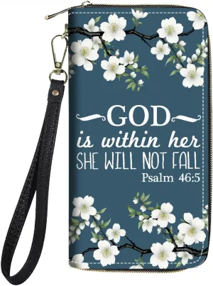 Women's Large Capacity Wallet PU Leather Zip Around Clutch Purse Multifunctional Wallet with Removable Wristlet Strap for Smart Phone/Coin/Card/Cash, Bible Verse Psalm 46:5