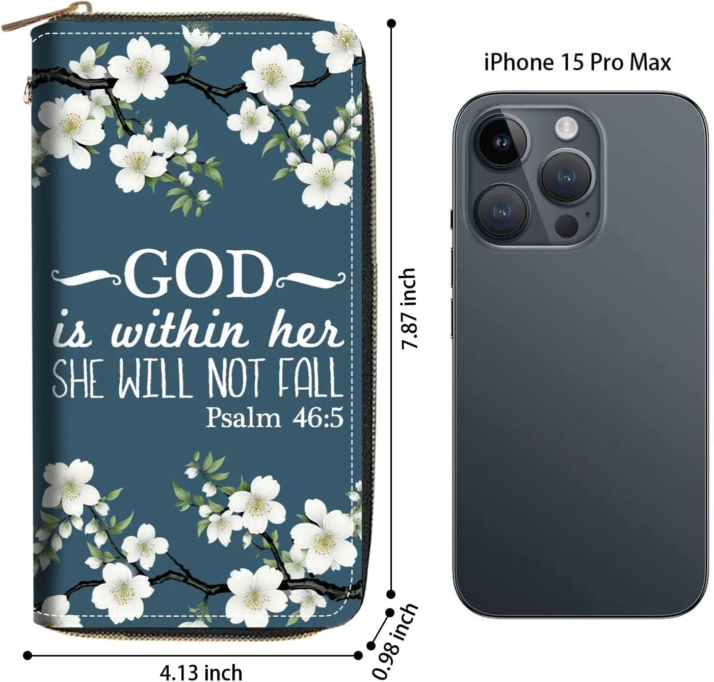 Women's Large Capacity Wallet PU Leather Zip Around Clutch Purse Multifunctional Wallet with Removable Wristlet Strap for Smart Phone/Coin/Card/Cash, Bible Verse Psalm 46:5