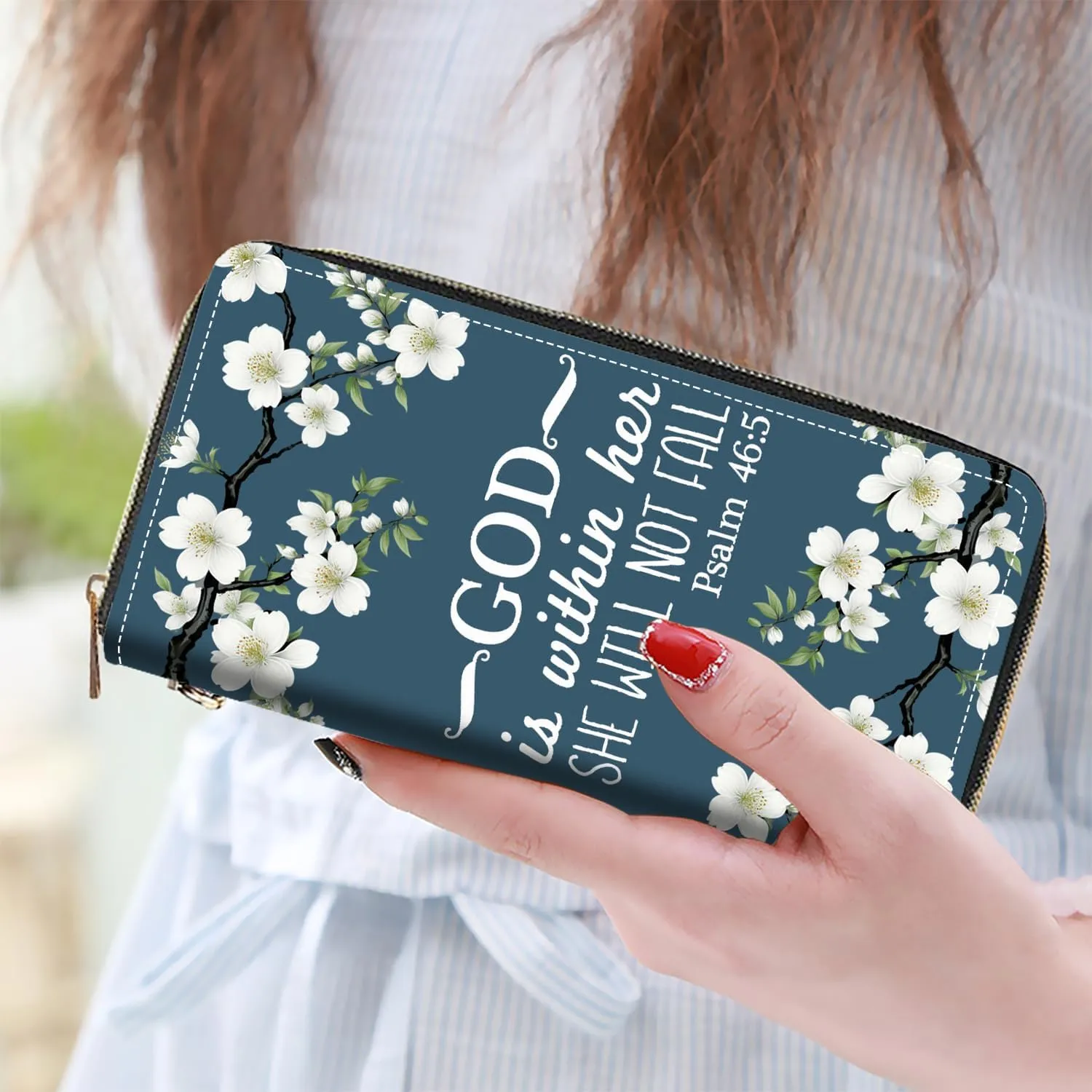 Women's Large Capacity Wallet PU Leather Zip Around Clutch Purse Multifunctional Wallet with Removable Wristlet Strap for Smart Phone/Coin/Card/Cash, Bible Verse Psalm 46:5