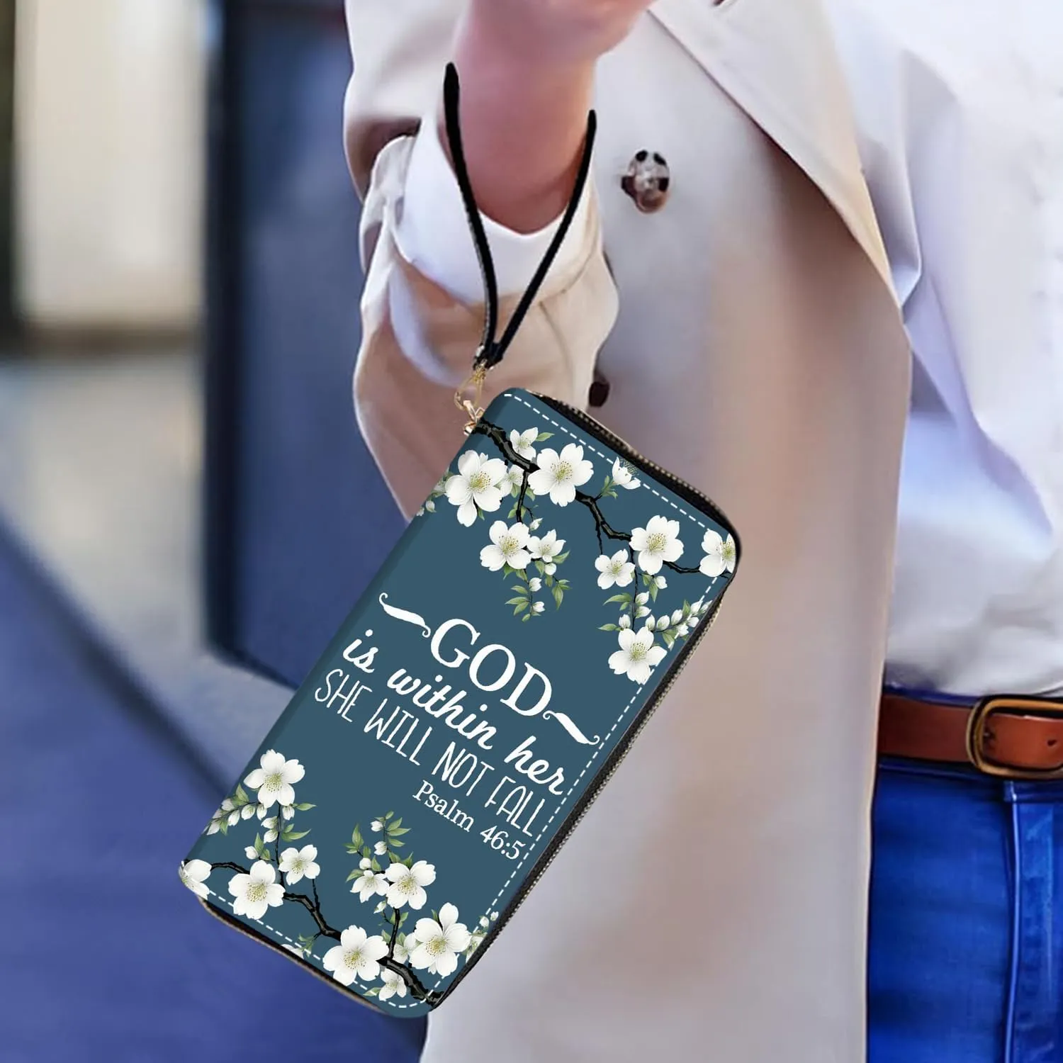 Women's Large Capacity Wallet PU Leather Zip Around Clutch Purse Multifunctional Wallet with Removable Wristlet Strap for Smart Phone/Coin/Card/Cash, Bible Verse Psalm 46:5