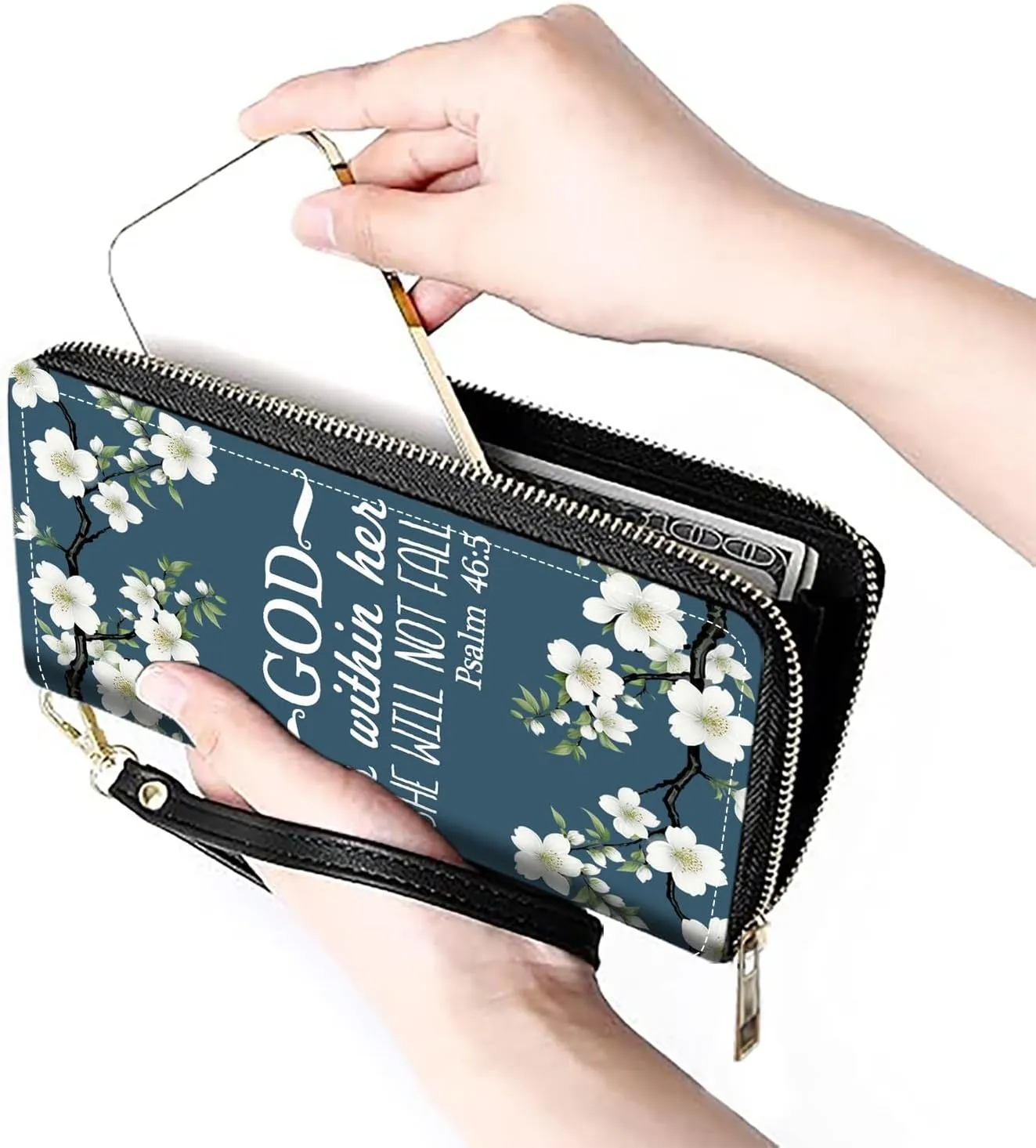Women's Large Capacity Wallet PU Leather Zip Around Clutch Purse Multifunctional Wallet with Removable Wristlet Strap for Smart Phone/Coin/Card/Cash, Bible Verse Psalm 46:5