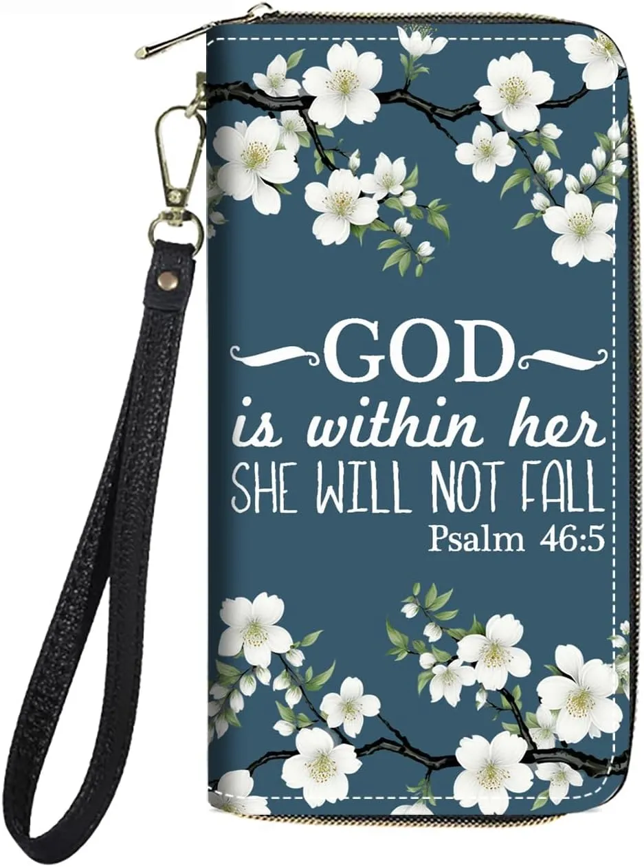 Women's Large Capacity Wallet PU Leather Zip Around Clutch Purse Multifunctional Wallet with Removable Wristlet Strap for Smart Phone/Coin/Card/Cash, Bible Verse Psalm 46:5